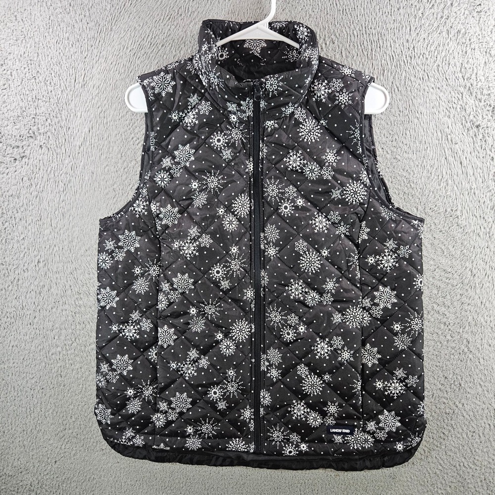 Lands End Womens M 10-12 Quilted Puffer Vest Black Snowflake Print Full Zip